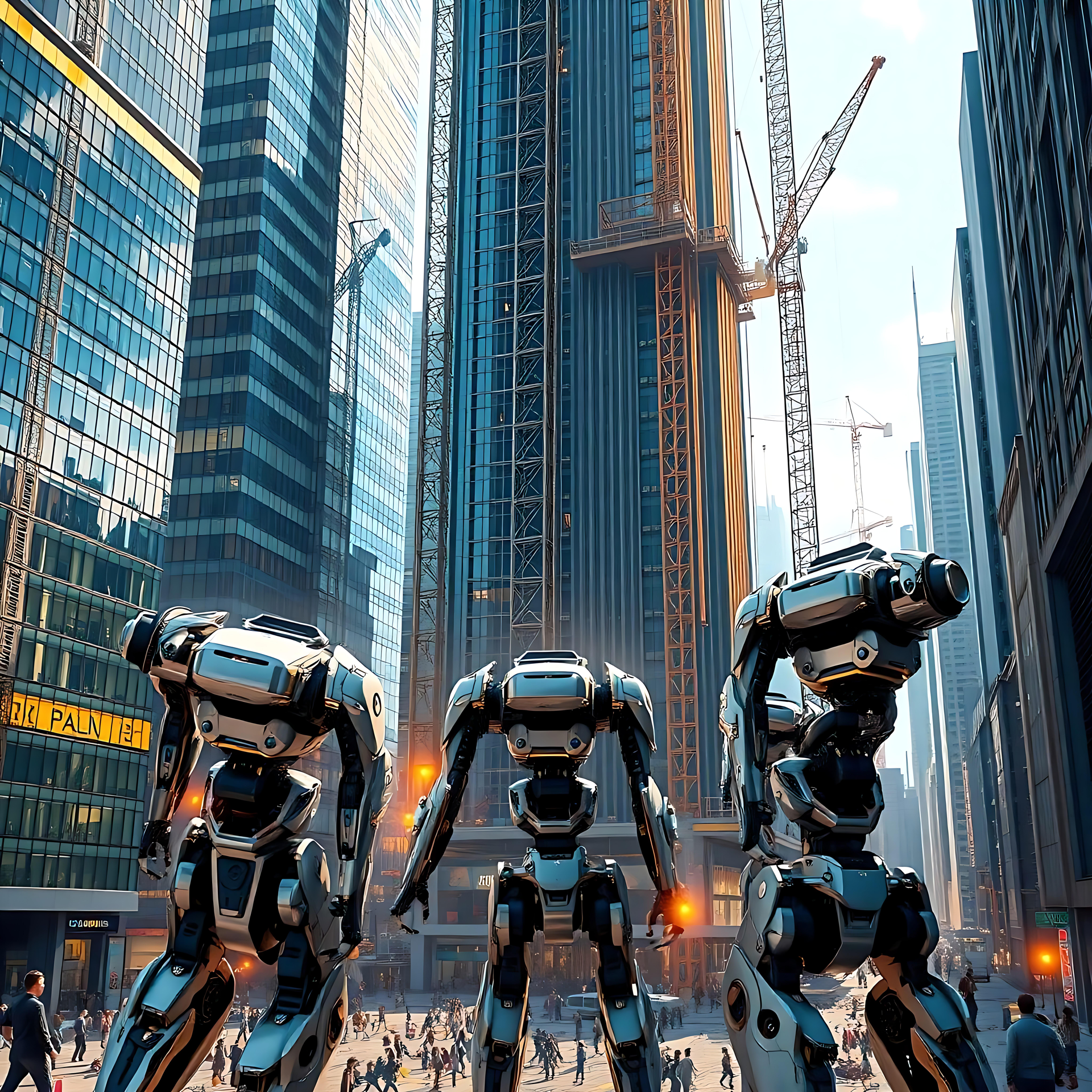 Towering Robots in the Heart of an Urban Jungle Three towering robots amidst a bustling urban cityscape with skyscrapers.