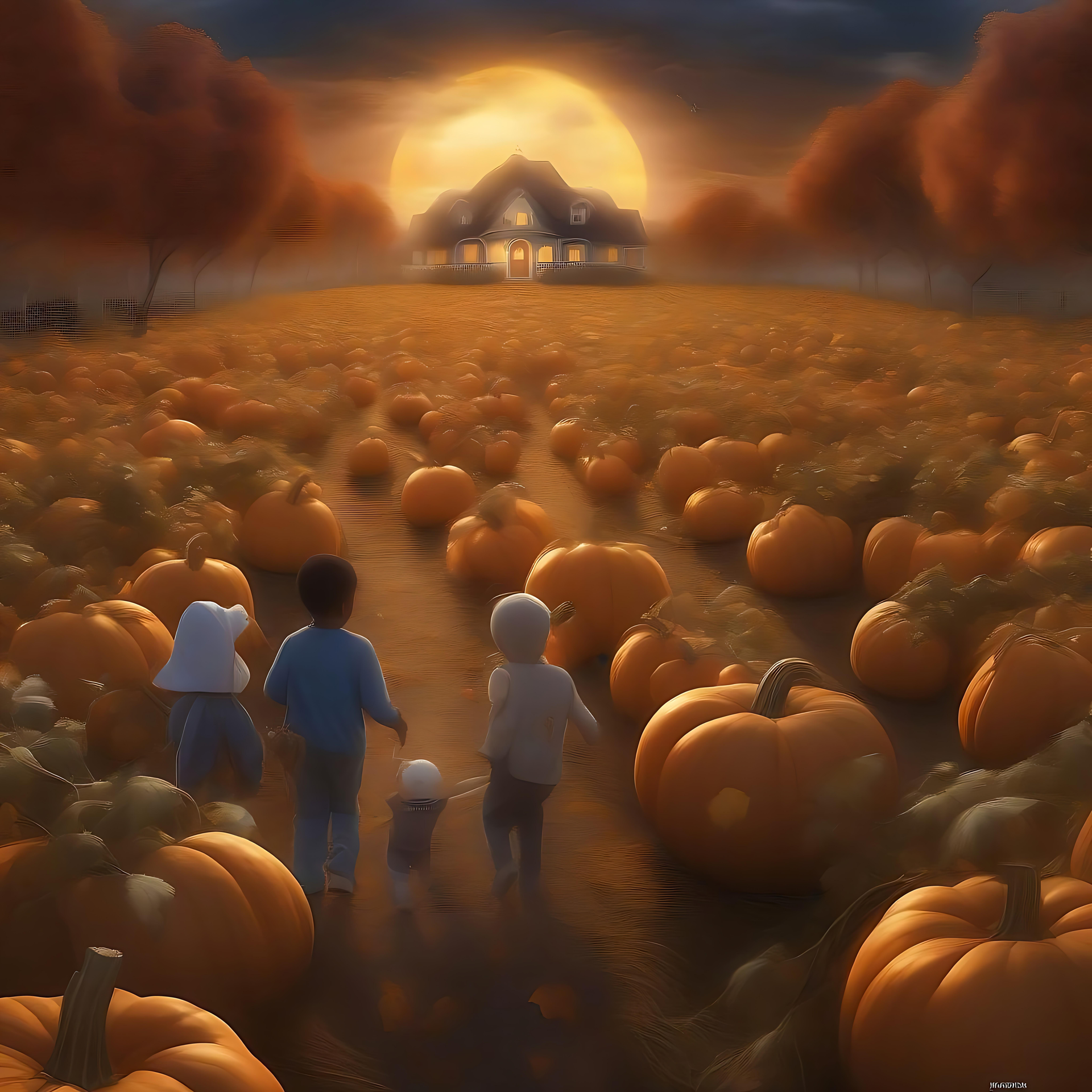 Un Champ de Citrouilles Rêveur au Crépuscule Enfants marchant dans un champ de citrouilles au coucher du soleil pendant Halloween
