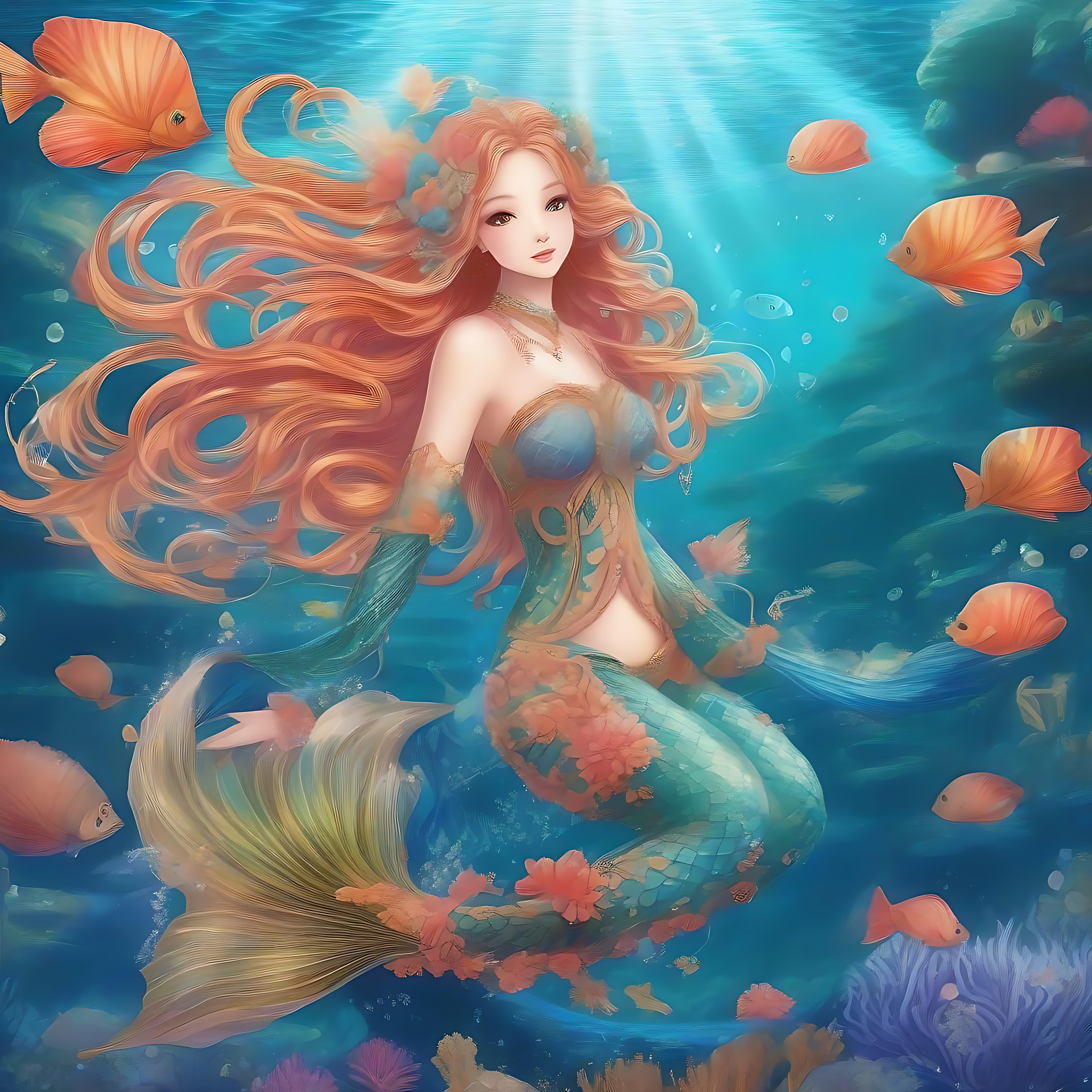 漫畫風格的迷人水下美人魚 這是一幅充滿活力的海景中被魚和珊瑚包圍的迷人水下美人魚.