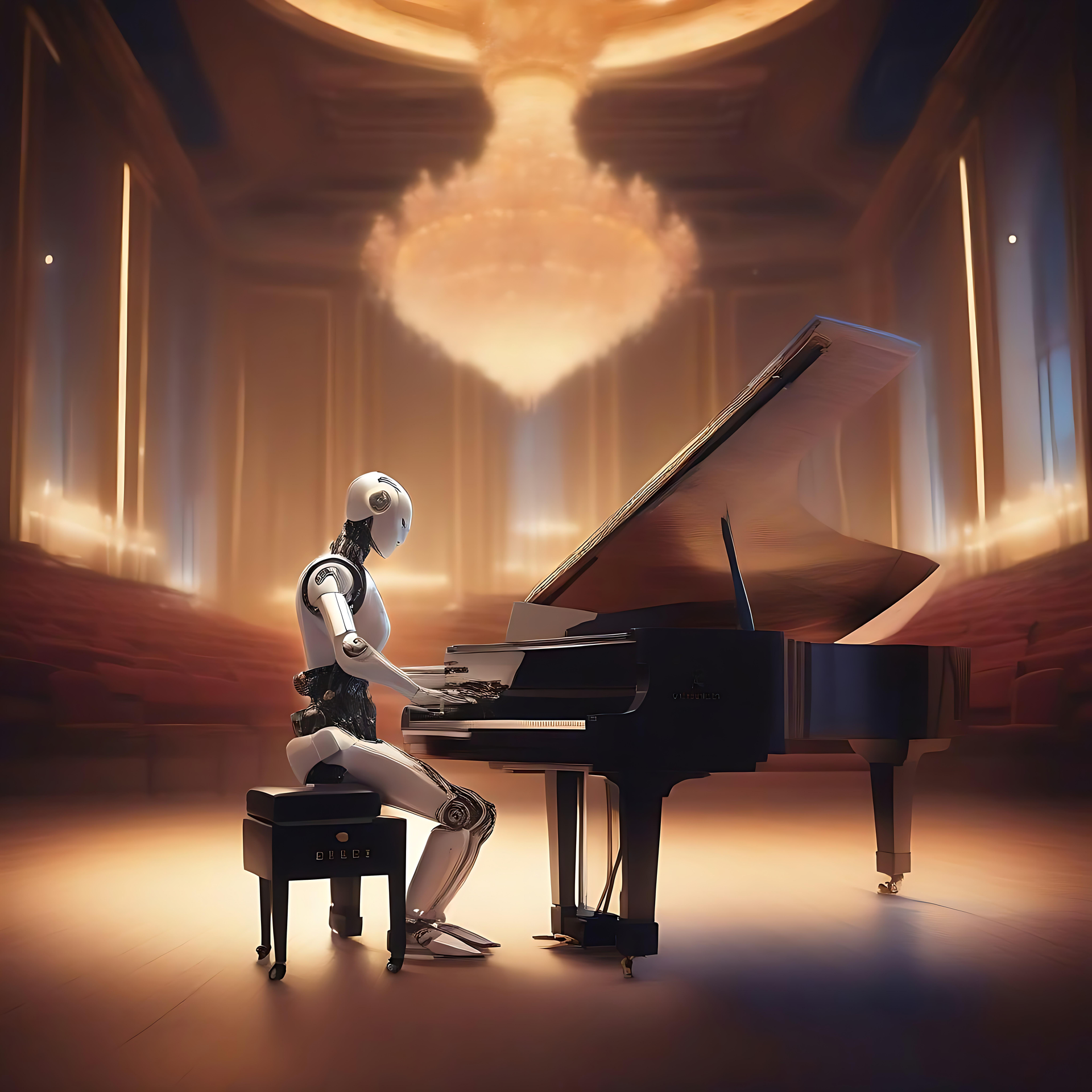 En futuristisk symfoni: AI-robot spelar piano i en majestätisk stor sal AI-robot spelar piano i en överdådig stor sal under en glödande ljuskrona.