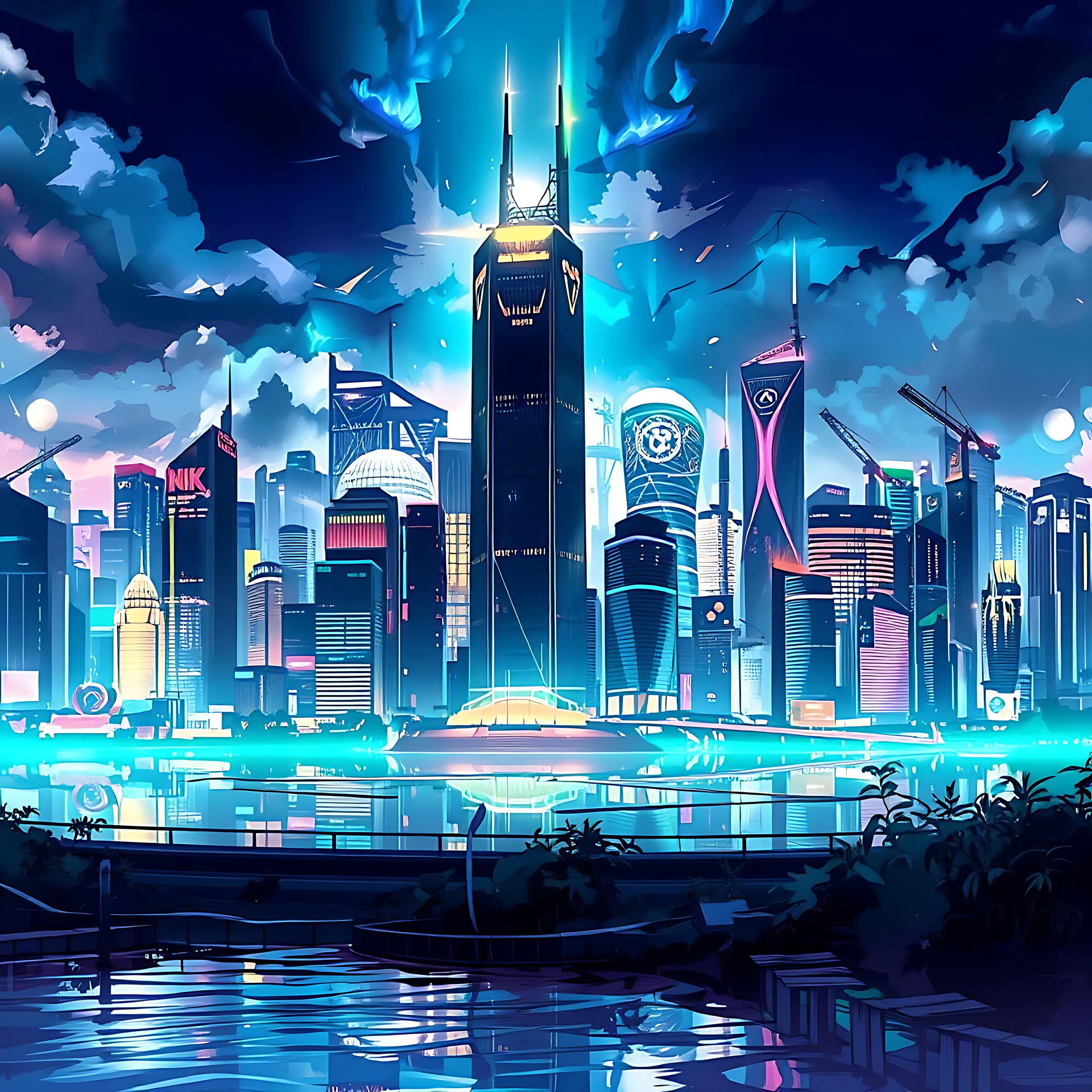 Explorez le Skyline Vibrant de la Ville Néon Skyline urbain anime futuriste brillant dans des couleurs néon avec un ciel orageux