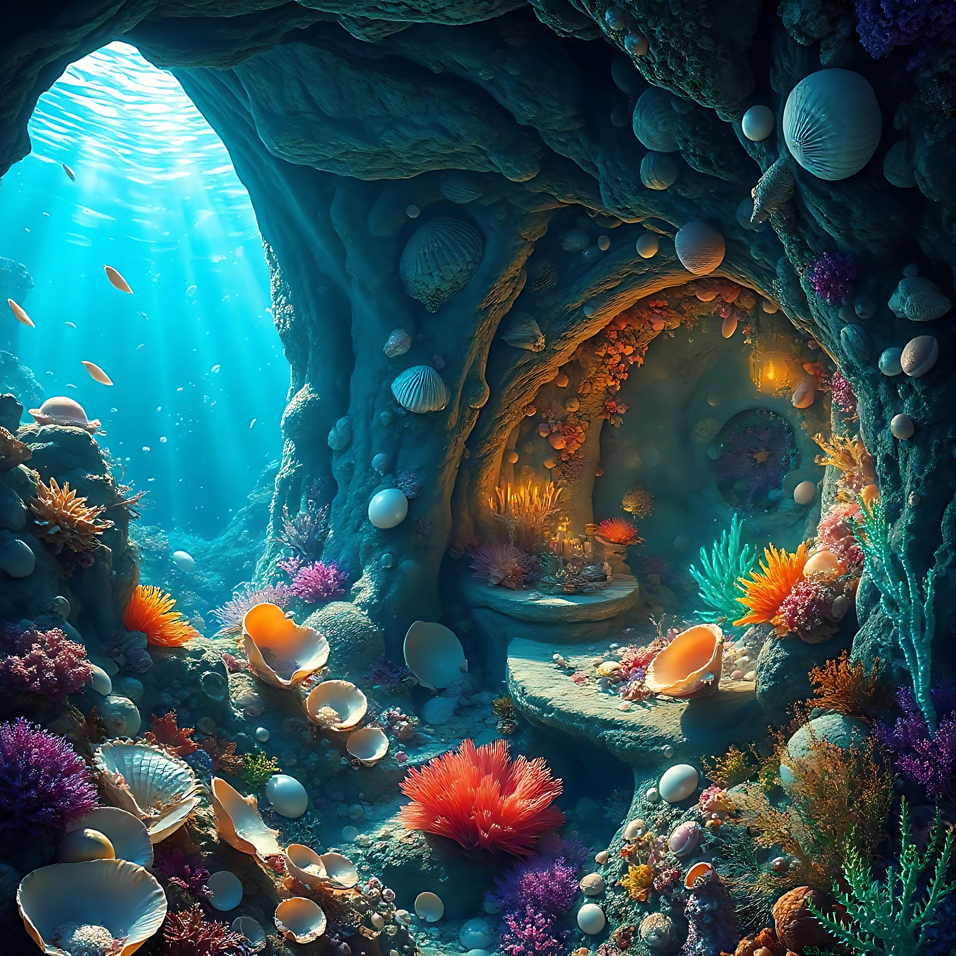 Tauchen Sie Ein in die Bezaubernde Korallenhöhle Sonnenbeschienene Korallenhöhle unter Wasser mit lebendigem Meeresleben und leuchtenden Farben.