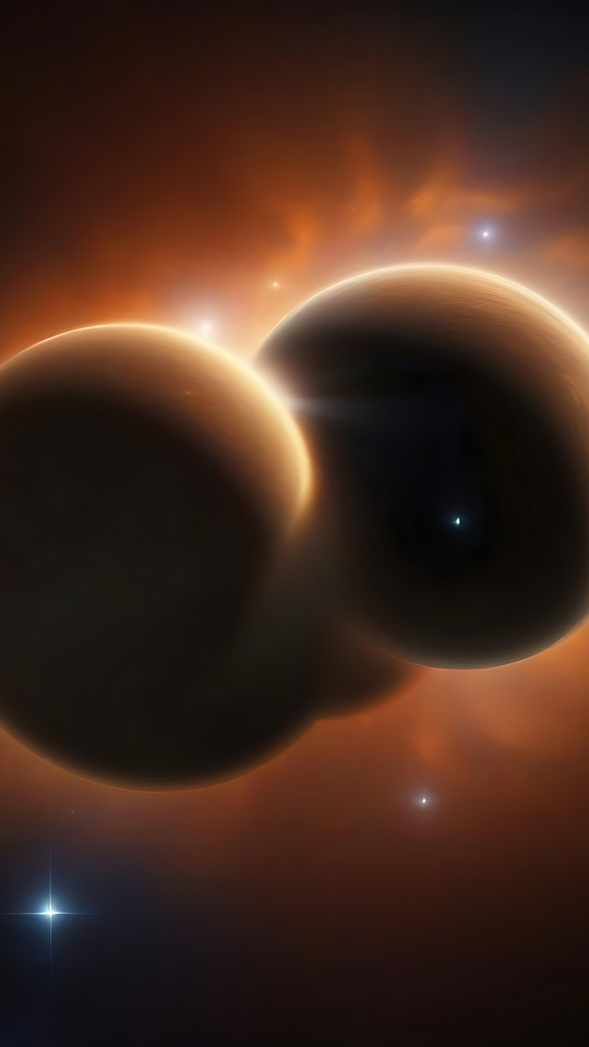 Danse cosmique des planètes jumelles illuminée par la lueur orbitale Deux planètes dans l'espace avec un halo orangeoyant et un fond étoilé