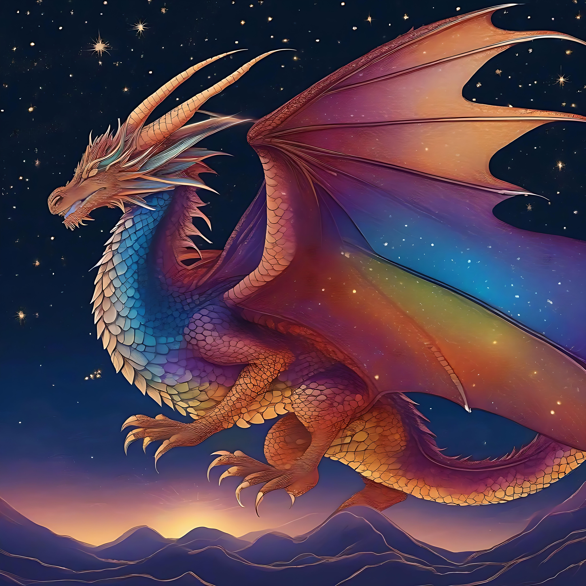 Dragon mystérieux sous une nuit étoilée Un dragon d'anime majestueux sous un ciel étoilé avec une atmosphère mystique.