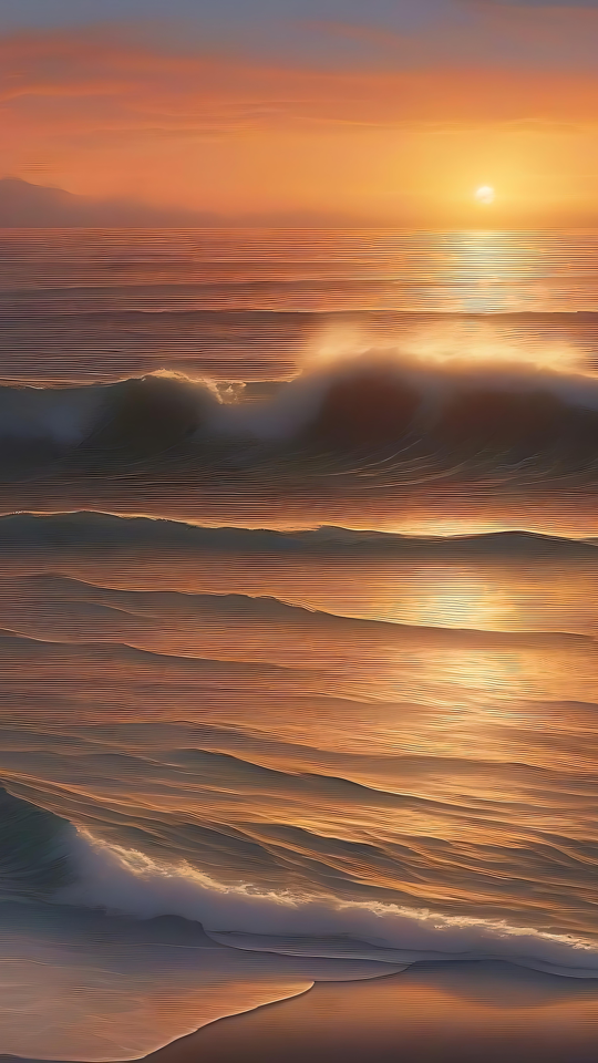 Una puesta de sol dorada sobre las suaves olas del océano Una serena puesta de sol dorada sobre las suaves olas del océano bajo un suave cielo rosado