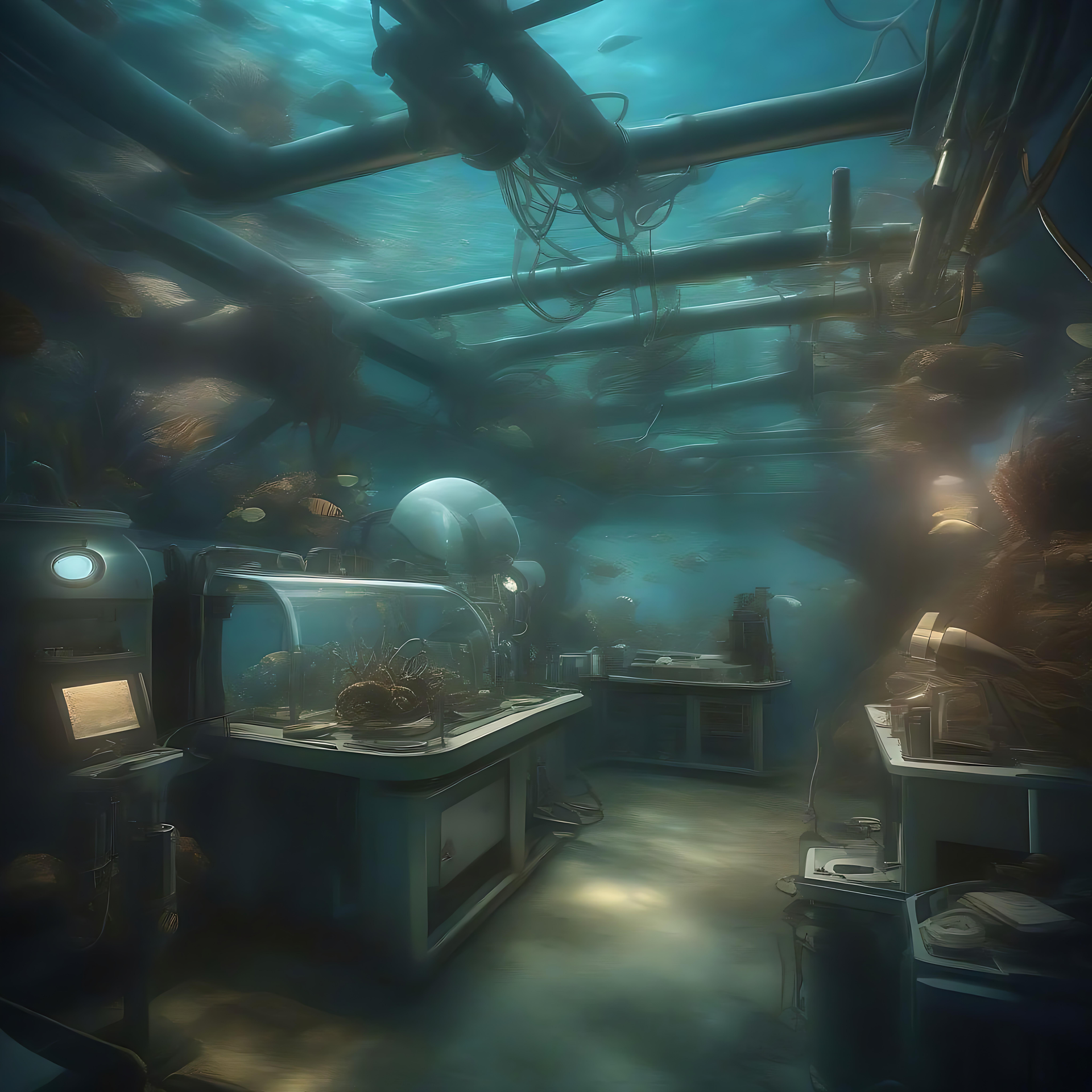 Erkunden Sie die mystischen Tiefen eines Unterwasserlabors Ein fesselndes Unterwasserforschungslabor, umgeben von Korallenriffen und von einem mystischen Glanz beleuchtet.