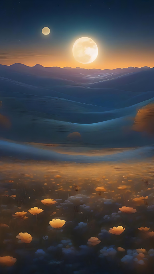 Paisagem celestial sonhadora com um campo de flores iluminado pela lua Um campo de flores douradas sonhador brilhando sob um céu iluminado pela lua com duas luas celestiais.