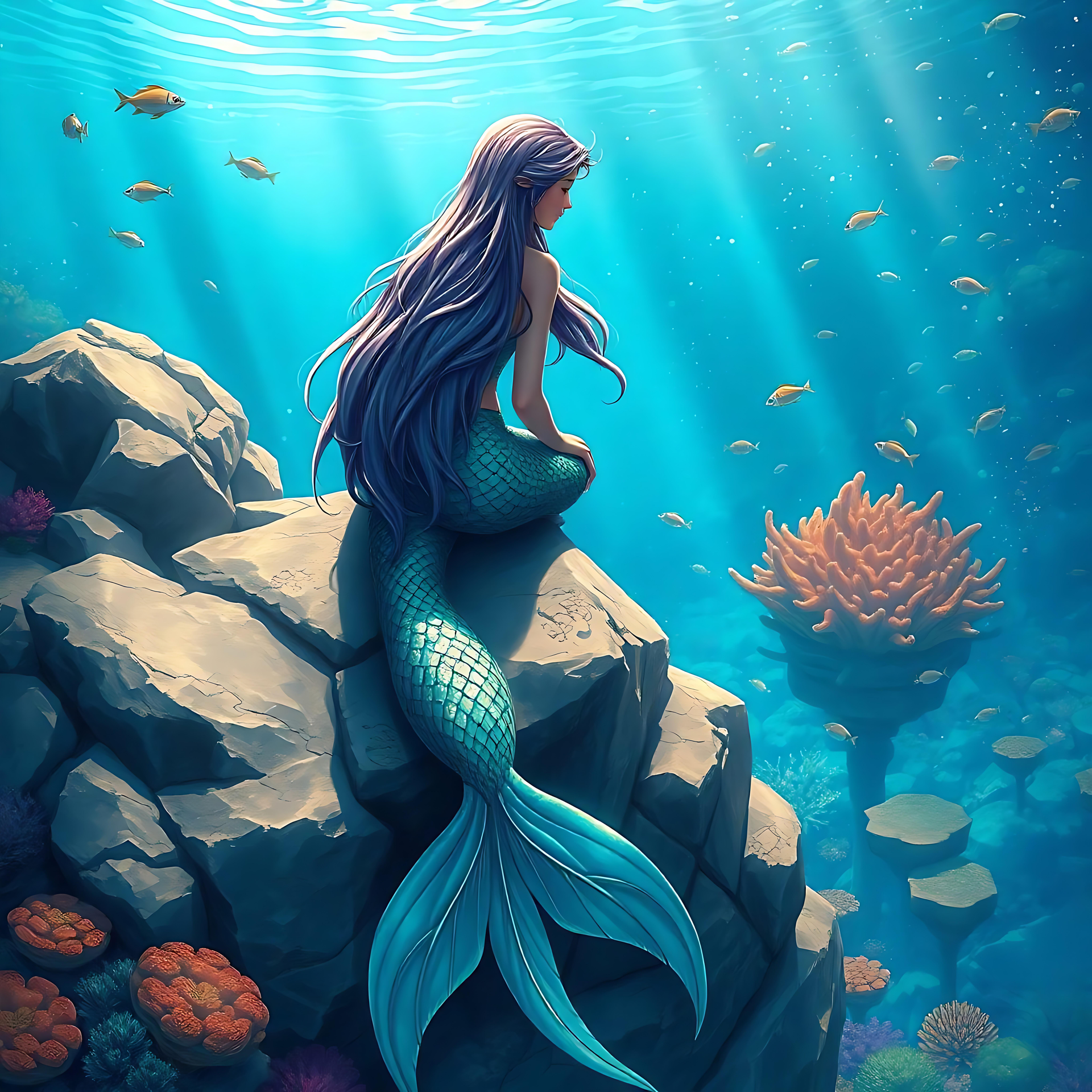 Sirena eterea in una vibrante oasi sottomarina Sirena riposa su una roccia corallina circondata da vibrante vita sottomarina e luce solare splendente.