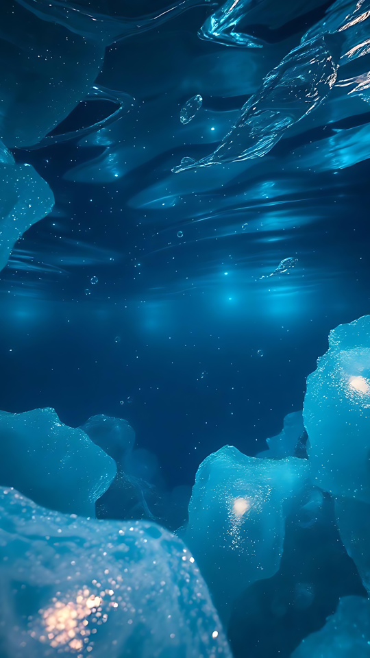 Cuevas de hielo bajo el agua: arte oculto de la naturaleza Escenario subacuático etéreo con formaciones de hielo azul brillante.
