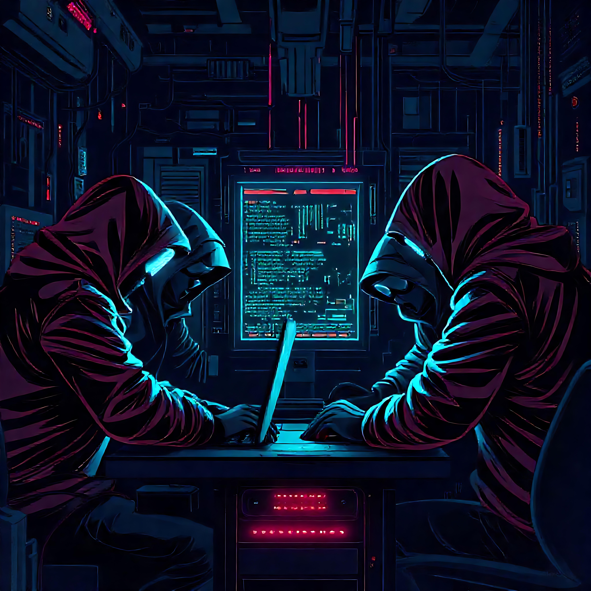 Hackers Neon em um Mundo Cyberpunk Futurista Arte digital mostrando dois hackers encapuzados cercados por luzes de néon e interfaces tecnológicas.