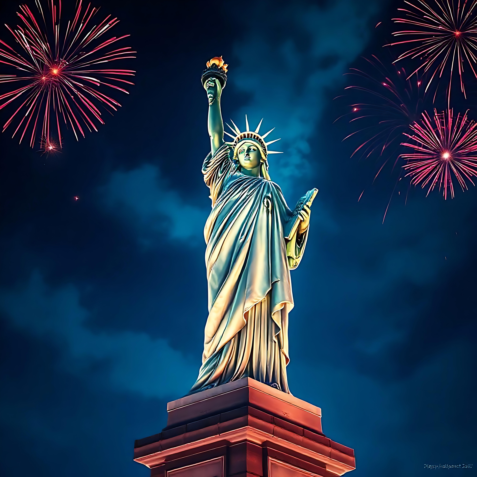 Illuminating Independence: A Statue of Liberty Fireworks Spectacle Statue of Liberty under a night sky filled with vibrant fireworks