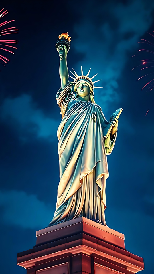Iluminando la Independencia: Un Espectáculo de Fuegos Artificiales en la Estatua de la Libertad Estatua de la Libertad bajo un cielo nocturno lleno de vibrantes fuegos artificiales