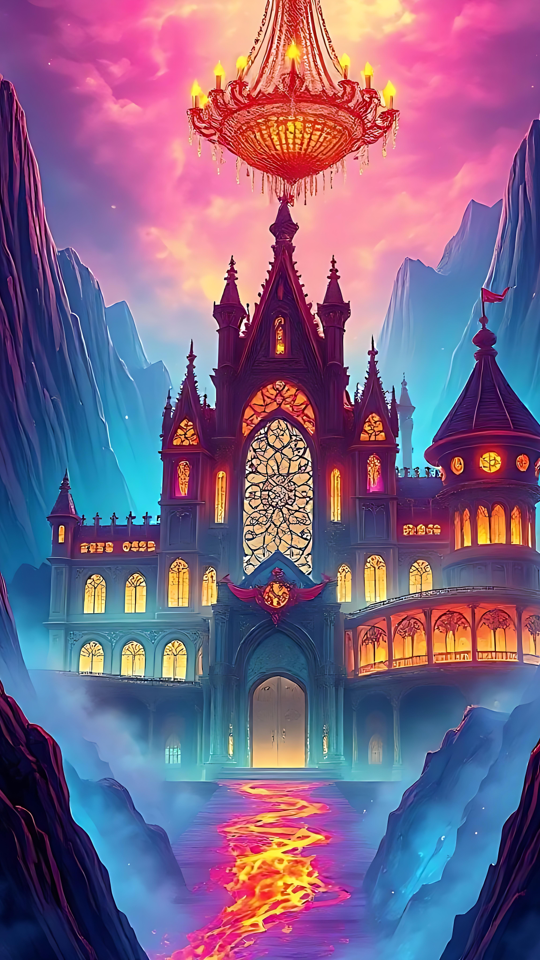 Explorez un mystérieux château d'anime entouré de lave étincelante Majestueux château d'anime avec une rivière de lave et un lustre dans un cadre fantastique