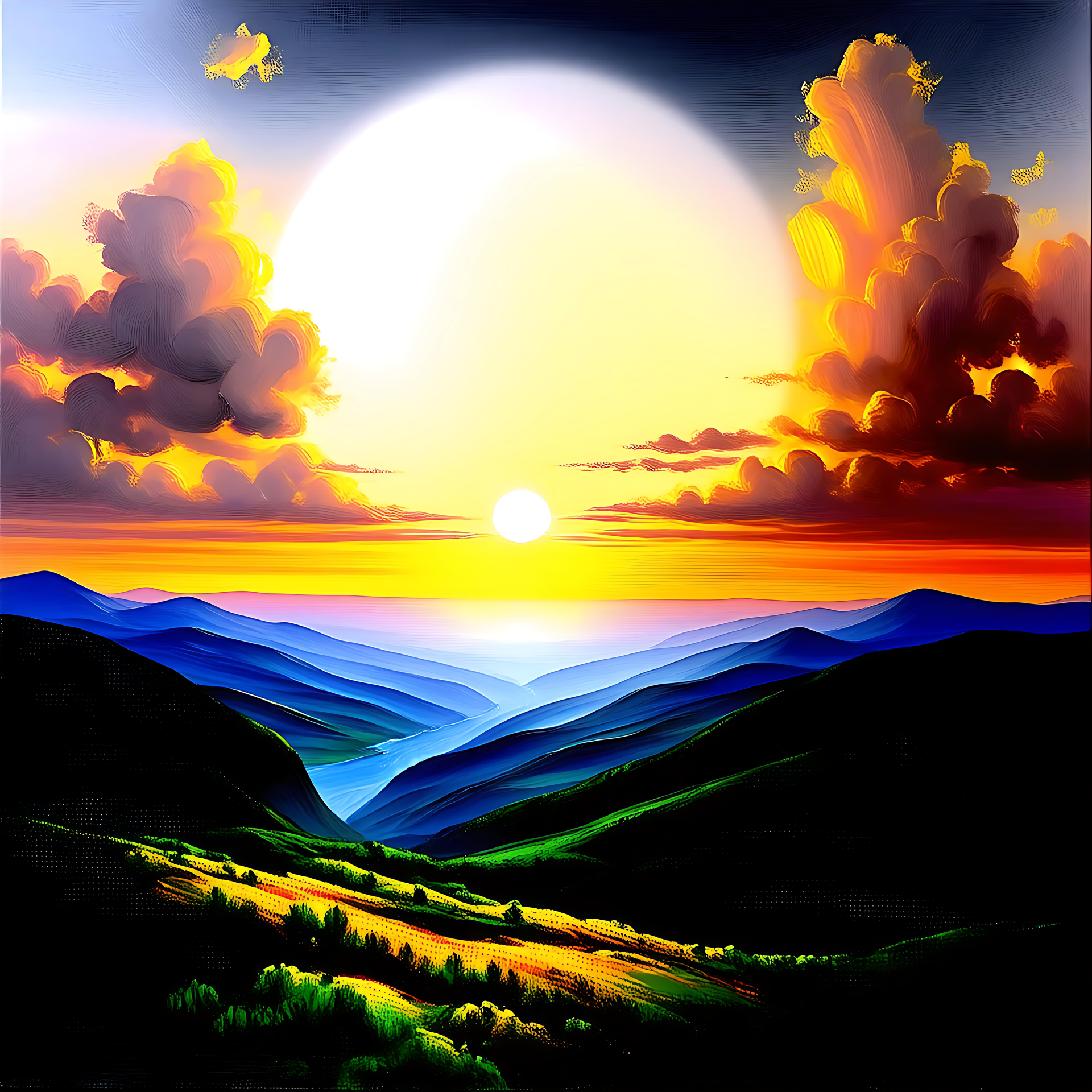 Impresionante Puesta de Sol Pintando el Cielo sobre Colinas Ondulantes Una escena de puesta de sol vibrante con luz solar dorada iluminando colinas ondulantes y nubes coloridas en el cielo.