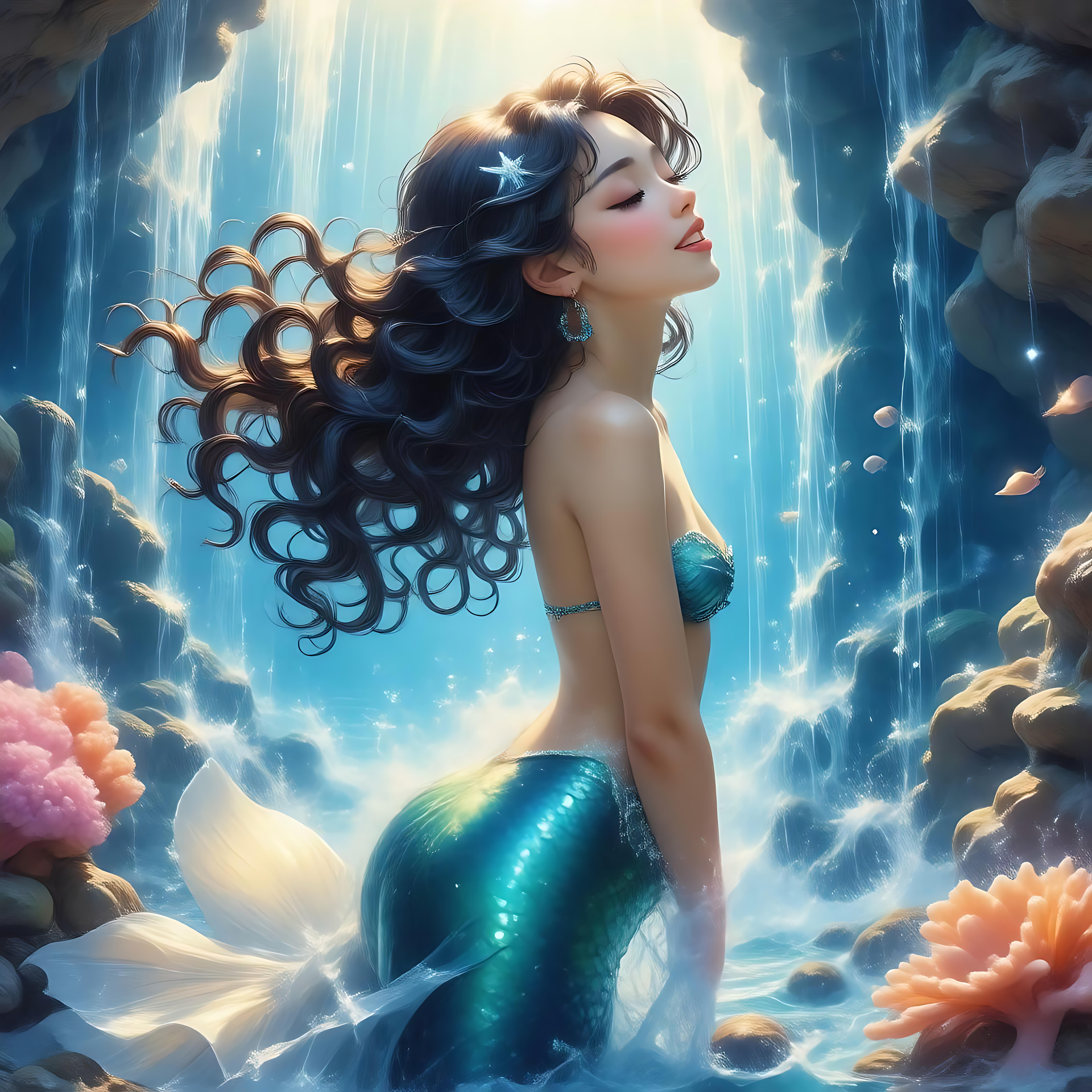 Uma Sereia Hipnotizante em uma Fantasia Subaquática de Anime Uma sereia mágica de anime em meio a cachoeiras e corais vibrantes em um cenário de fantasia subaquática.
