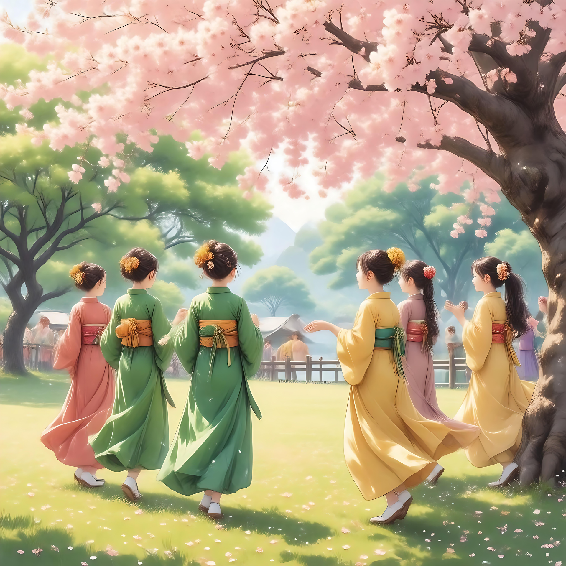 Naiset Perinteisessä Eleganssissa Kirsikankukkakatosten Alla Anime-kohtaus naisista perinteisissä kimonoissa kävelemässä kukkivien kirsikankukkapuiden alla.