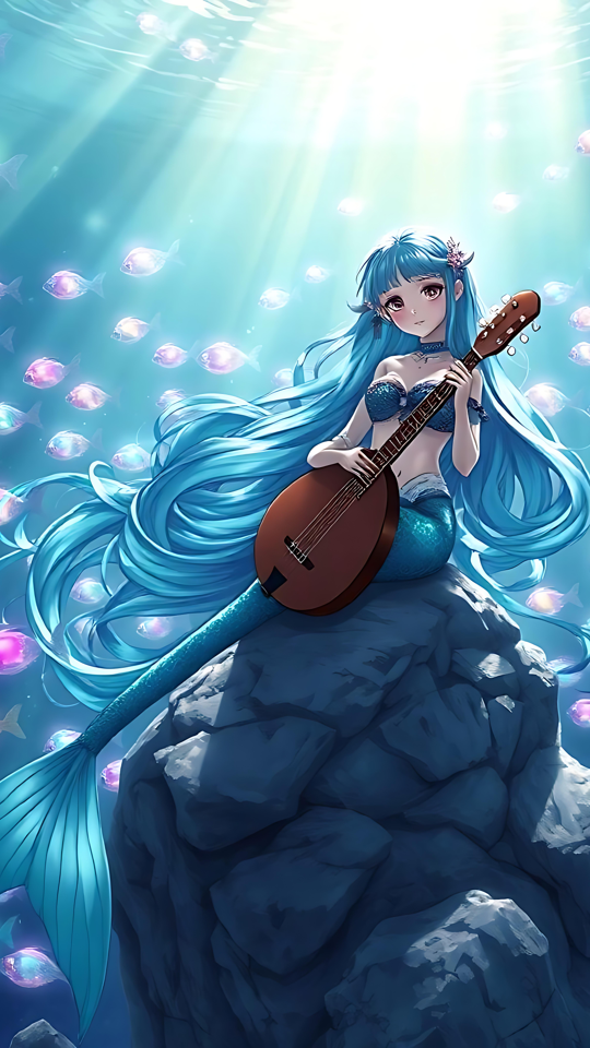 Sirène Lumineuse Jouant de la Guitare sous la Lueur de l'Océan Sirène anime assise sur un rocher marin jouant de la guitare, entourée de poissons lumineux et colorés.