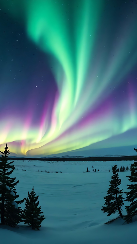 Aurora Boreal: Dança de Cores no Céu Ártico Aurora Boreal, ou Northern Lights, sobre uma paisagem nevada com árvores perenes em silhueta sob um céu noturno vibrante.