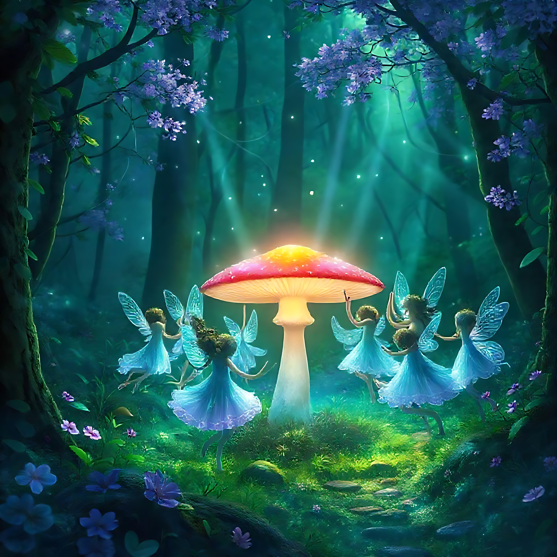 Tanzende Feen unter einem glühenden Pilz Fantasy-Kunstwerke von Feen, die um einen leuchtenden Pilz in einem mystischen Wald tanzen