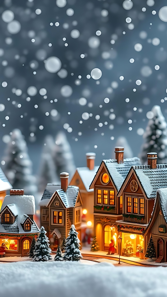 En snöig julby som utstrålar julglädje Snöig julby med glödande hus och snöfall