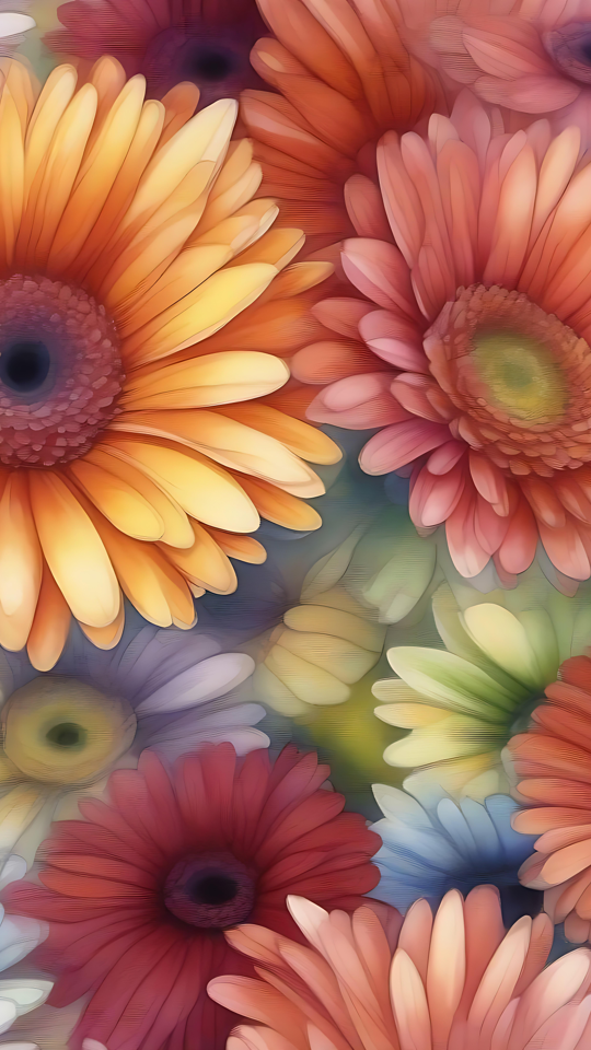 Vivid Gerbera Daisy Floral Celebração Uma vibrante coleção de coloridas margaridas Gerbera em flor, enfatizando um tema floral alegre e refrescante.