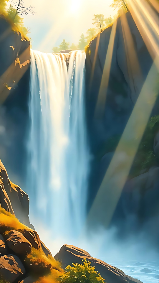 Majestuosa Cascada Iluminada por Rayos de Sol Radiantes Una vista impresionante de una cascada rodeada de vegetación, iluminada por rayos de sol dorados que atraviesan los árboles.