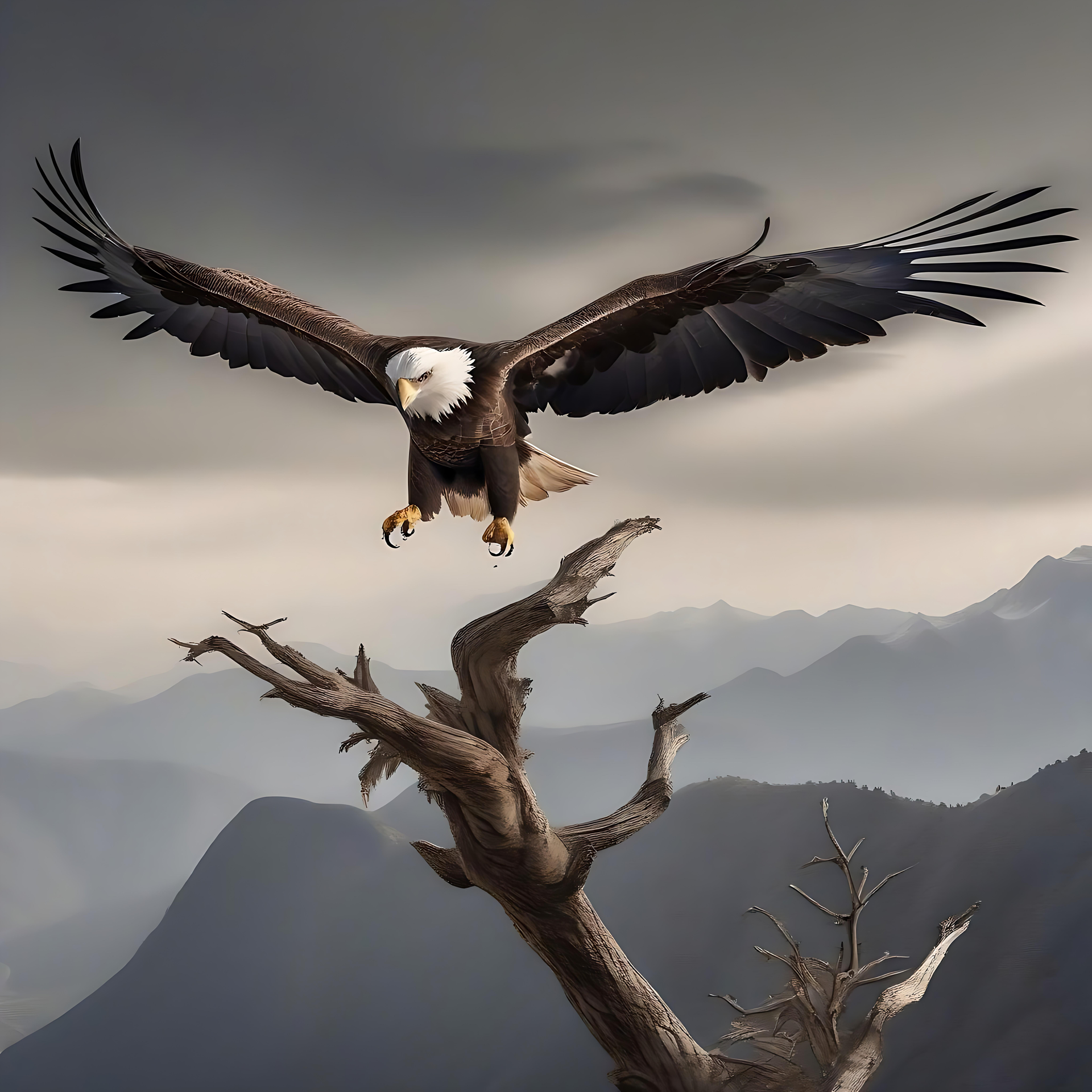 Majestic Bald Eagle Over Serene Mountains A magnificent bald eagle mid-flight against a scenic background of mountains and cloudy skies.