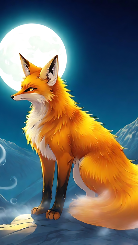 Zorro Anime Místico Bajo la Luna Llena Zorro anime con pelaje naranja de pie bajo una luna llena brillante en un paisaje montañoso.
