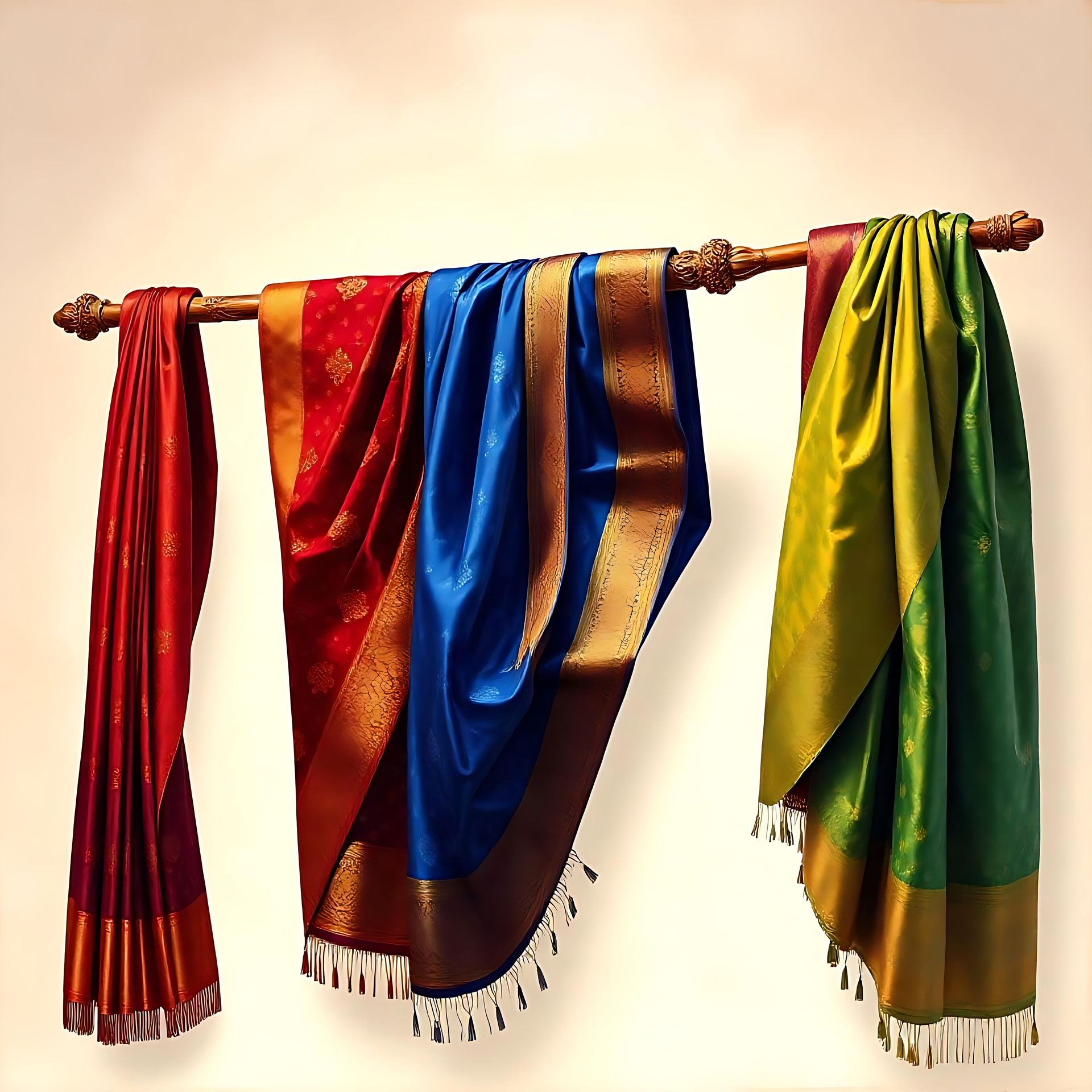 Saris de soie gracieux aux couleurs vibrantes Trois saris de soie vibrants en rouge, bleu et vert drapés sur un poteau en bois