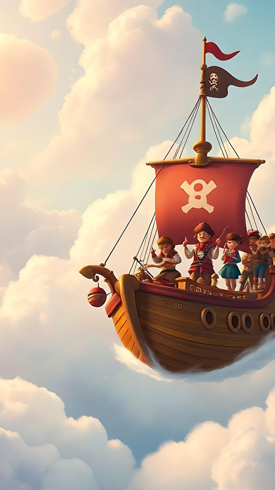 Sejl gennem himlen: Et skyet pirat eventyr Et finurligt piratskib med glade børn sejler gennem bløde skyer under det blide sollys.