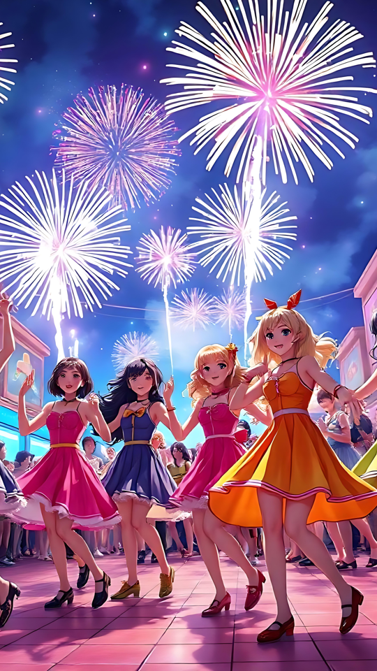 Anime-Feuerwerk-Festival: Tanzen unter dem Nachthimmel Anime-Festivalszene mit buntem Feuerwerk und Charakteren, die auf einer pinkfarbenen Promenade tanzen.