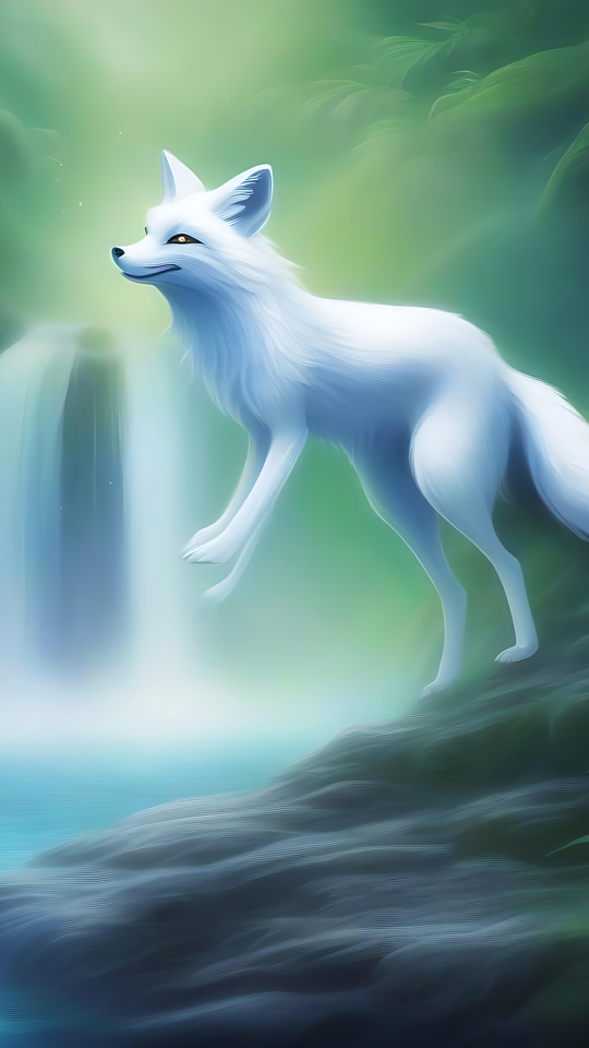 Zorro Blanco Místico Junto a una Cascada Encantada Obra de arte estilo anime de un zorro blanco brillante cerca de una cascada mágica en el bosque.