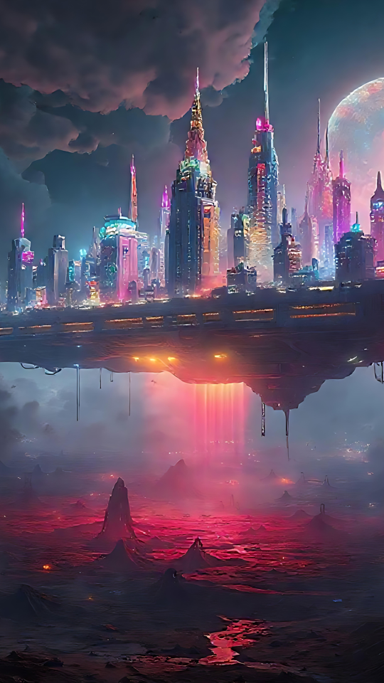 Neonoplyst Flydende By over en Karmosinrød Rumvæsenverden En futuristisk flydende by oplyst i neonfarver svævende over et karmosinrødt rumvæsenlandskab.