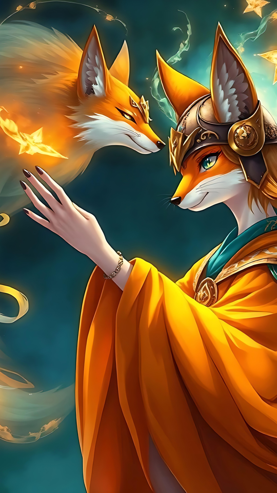 Un mélange d'esprits de renard et de magie L'esprit mystique du renard kitsune dans des teintes orange et bleu vives, orné de robes détaillées avec des étoiles tournoyantes.