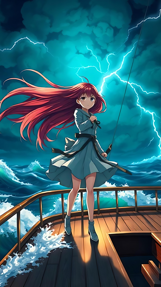 At Trodsse Stormen: Et Anime Mesterværk Anime pige på et skib i en tordenstorm