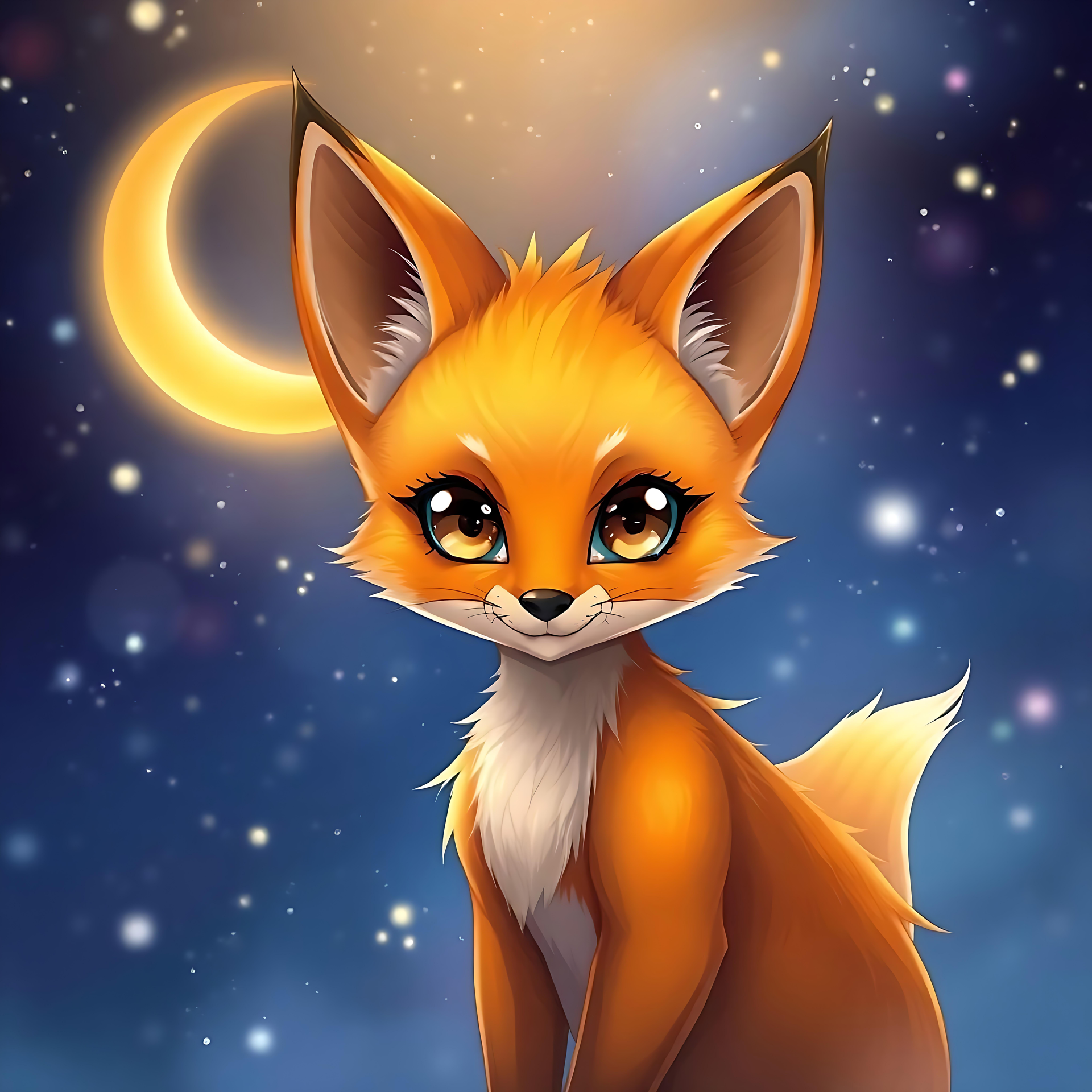 Bezaubernder Anime-Fuchs unter einer Mondsichel Ein bezaubernder Anime-Fuchs mit großen bernsteinfarbenen Augen unter einer Mondsichel und sternenklarem Nachthimmel.