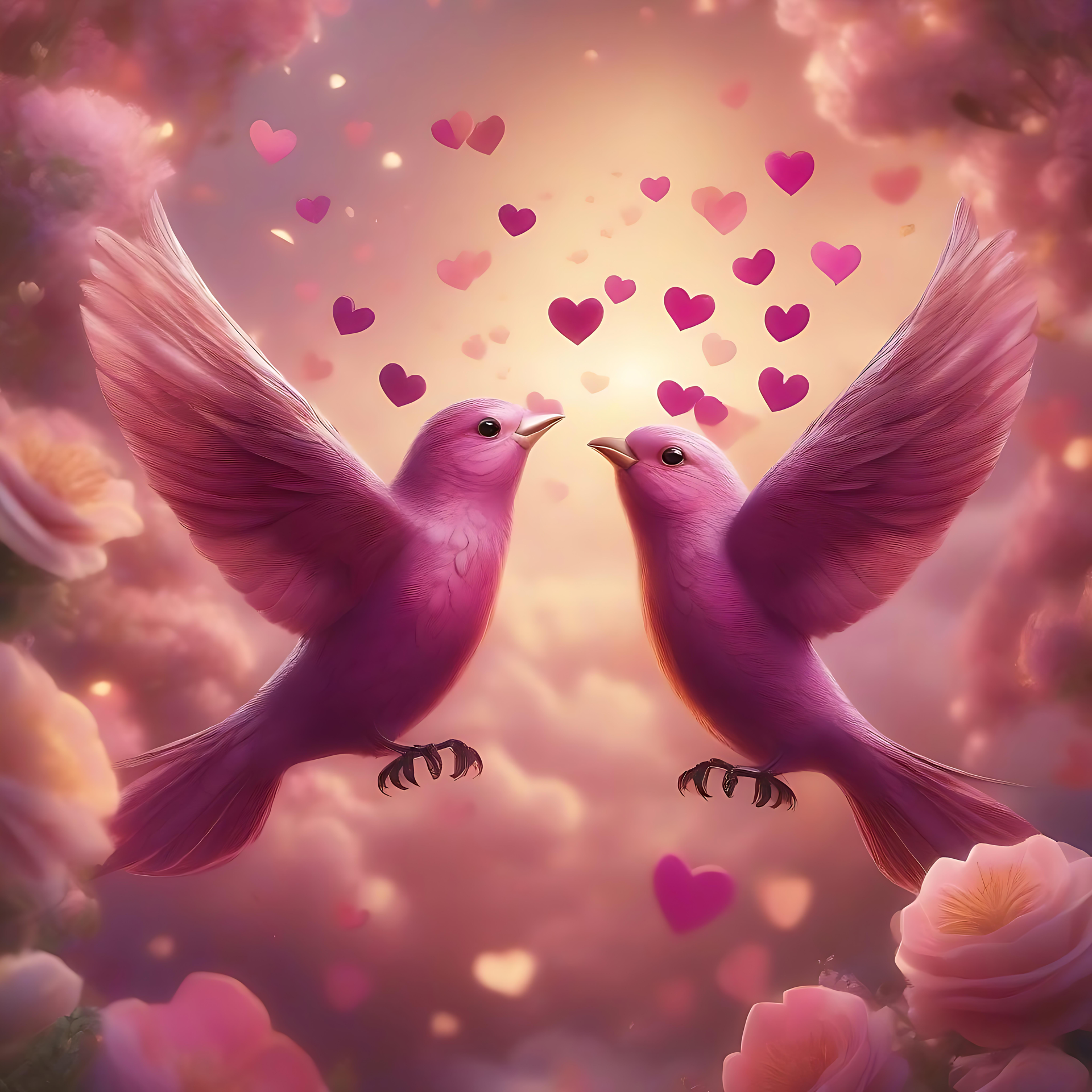 Piccioncini romantici in un sognante orizzonte rosa Due piccioncini rosa in volo circondati da forme di cuore e nuvole rosa in un romantico cielo da sogno.