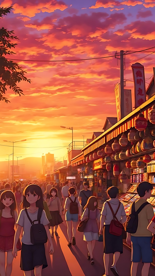 Explore um Passeio ao Pôr do Sol por um Mercado Anime Mercado em estilo anime ao pôr do sol com luz quente e numerosas pessoas a passear.