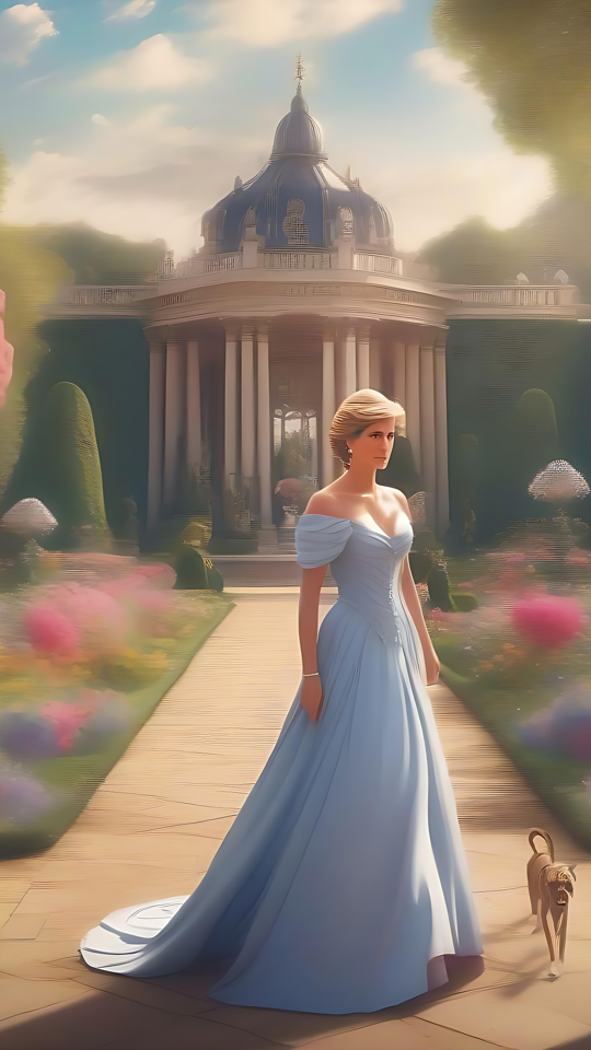 Élégance de Jardin Royal au Charme Vintage Une scène de jardin royal serein représentant une dame en robe bleu pastel avec une douce lumière du soleil et une rotonde en arrière-plan.