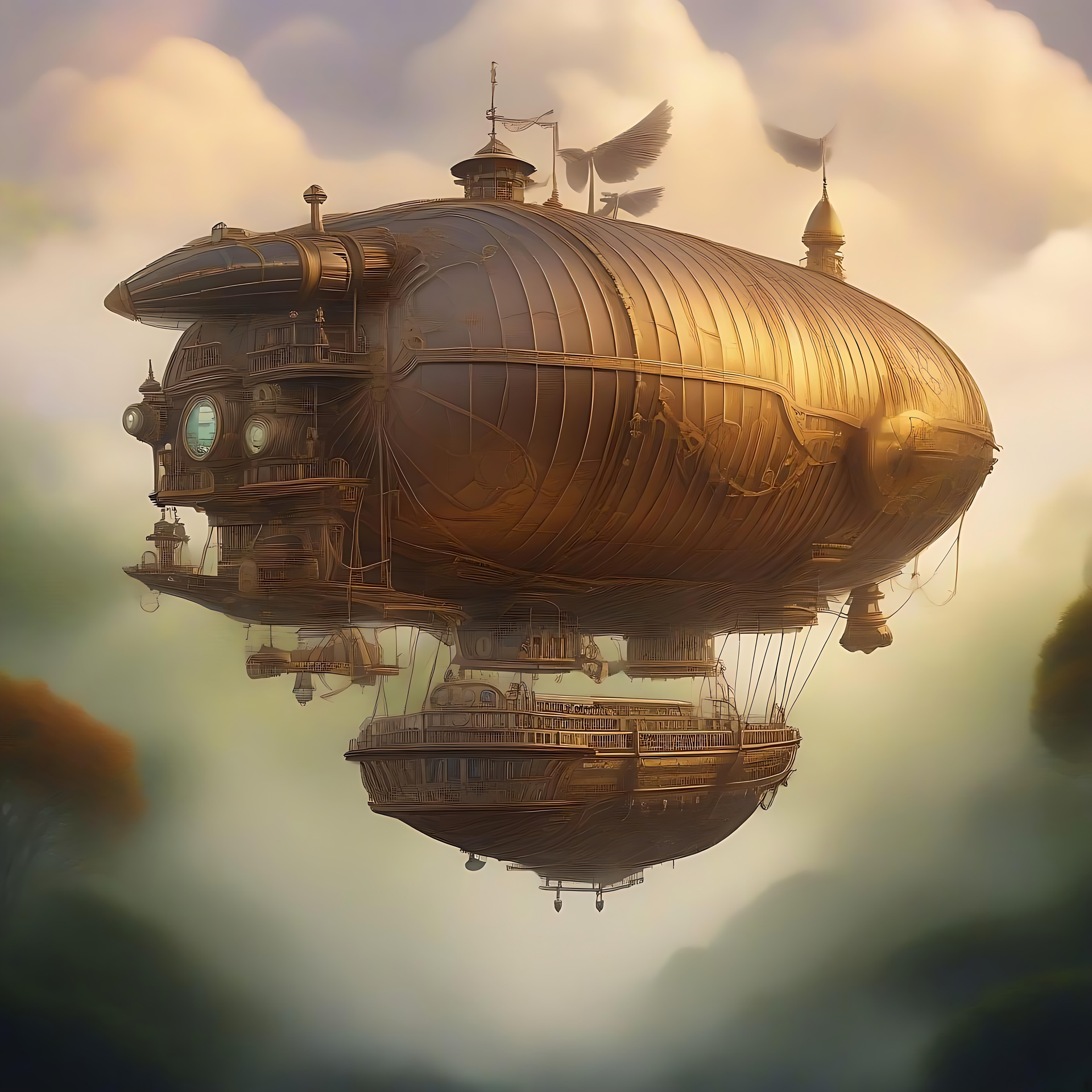 神秘的な飛行船 — ファンタジーへの扉 霧のかかった穏やかな風景の中を滑空する、幻想的なスチームパンクアニメの飛行船。柔らかな暖色系の色合いに包まれています。