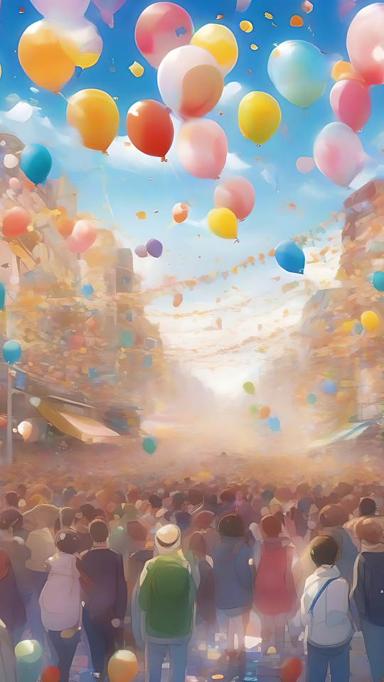 Strålende Anime Fejring Midt Blandt Balloner En levende byfestival inspireret af anime med farverige balloner, der fylder himlen, og en munter menneskemængde.