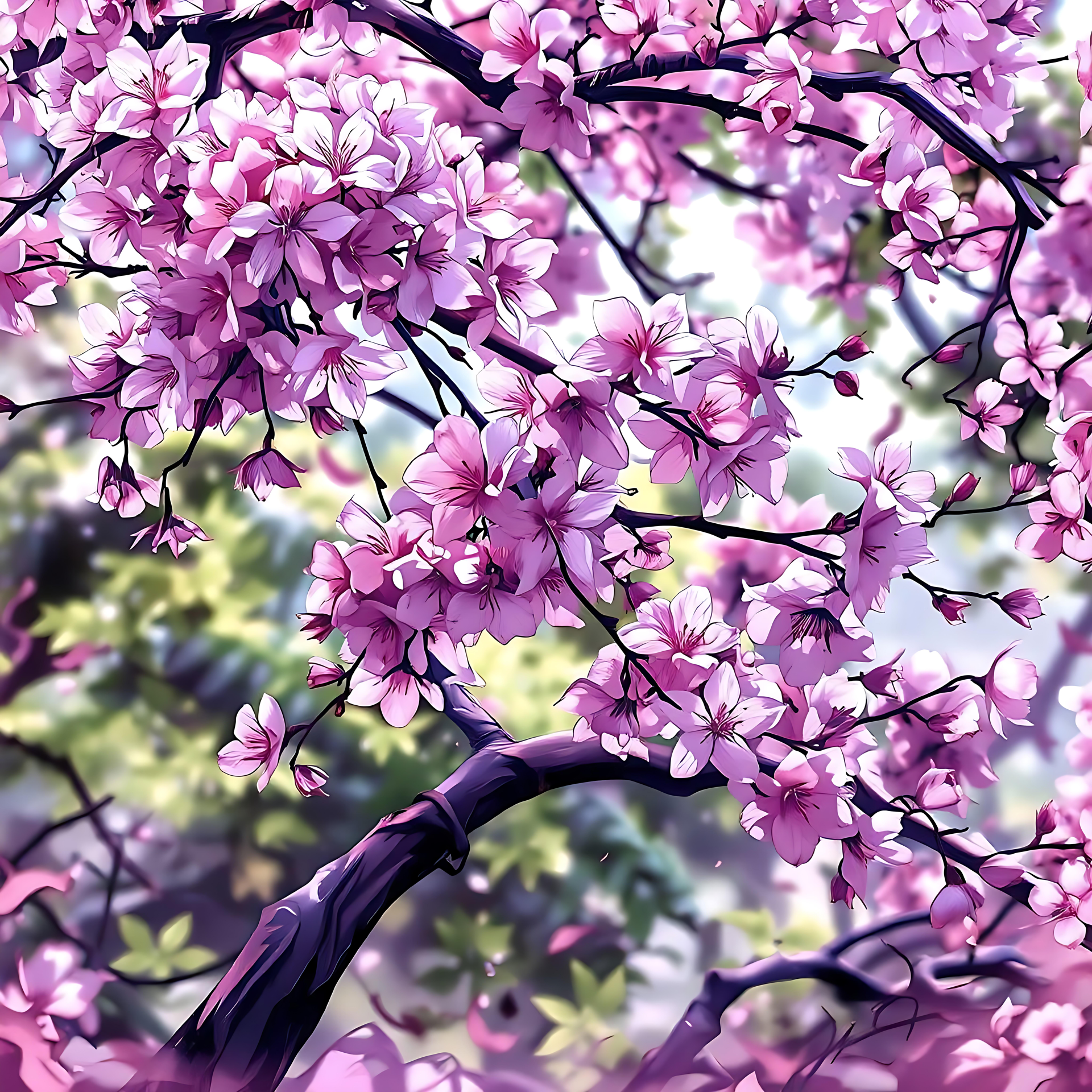 Anime Cherry Blossoms in Full Bloom Anime-style cherry blossoms in full bloom on tree branches with a serene, blurred natural background.