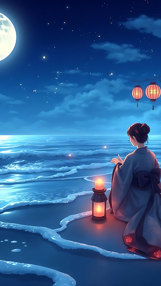 Cena Encantadora de Praia Anime Iluminada pela Lua Arte de anime de uma praia iluminada pela lua com uma garota em traje japonês e lanternas brilhantes.