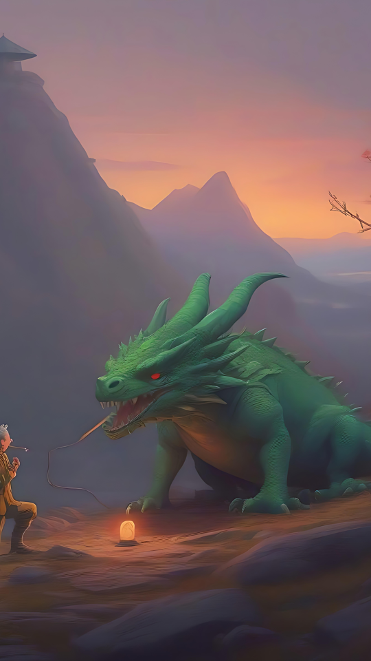 Et Magisk Møde: Krigeren og Dragen Et fantasy-kunstværk med en ung kriger og en grøn drage i en fredfyldt bjergtop-solnedgangsscene.