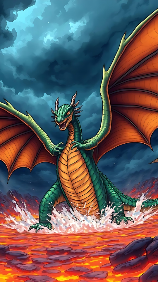 Libérez la Majesté Ardente du Dragon Anime Dragon d'anime se tenant au-dessus de la lave en fusion avec un ciel orageux
