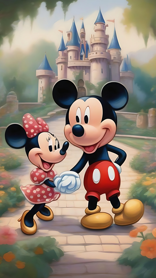 Mickey and Minnie: A Whimsical Moment in Enchanted Garden Mickey and Minnie Mouse holding hands in a magical garden with a castle in the background.