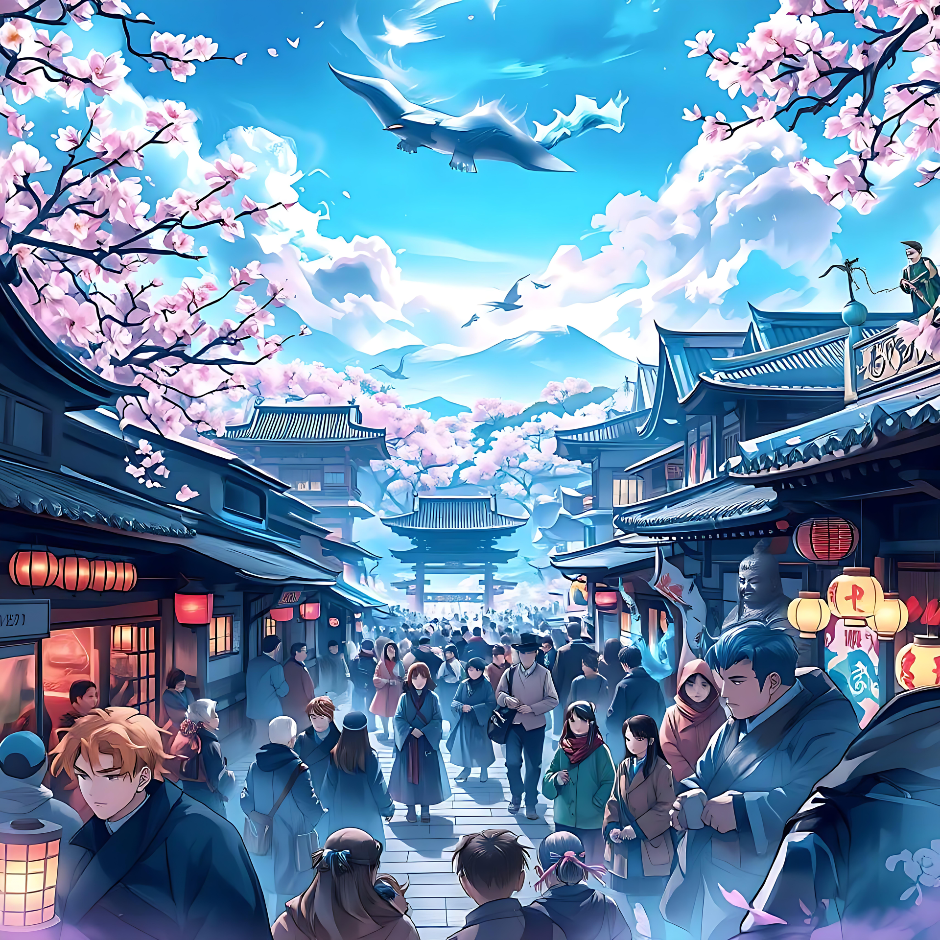 Η γοητευτική πόλη Sakura στο άνθος Anime πόλη κάτω από άνθη κερασιού με ένα ολισθηρό δράκο στον ουρανό