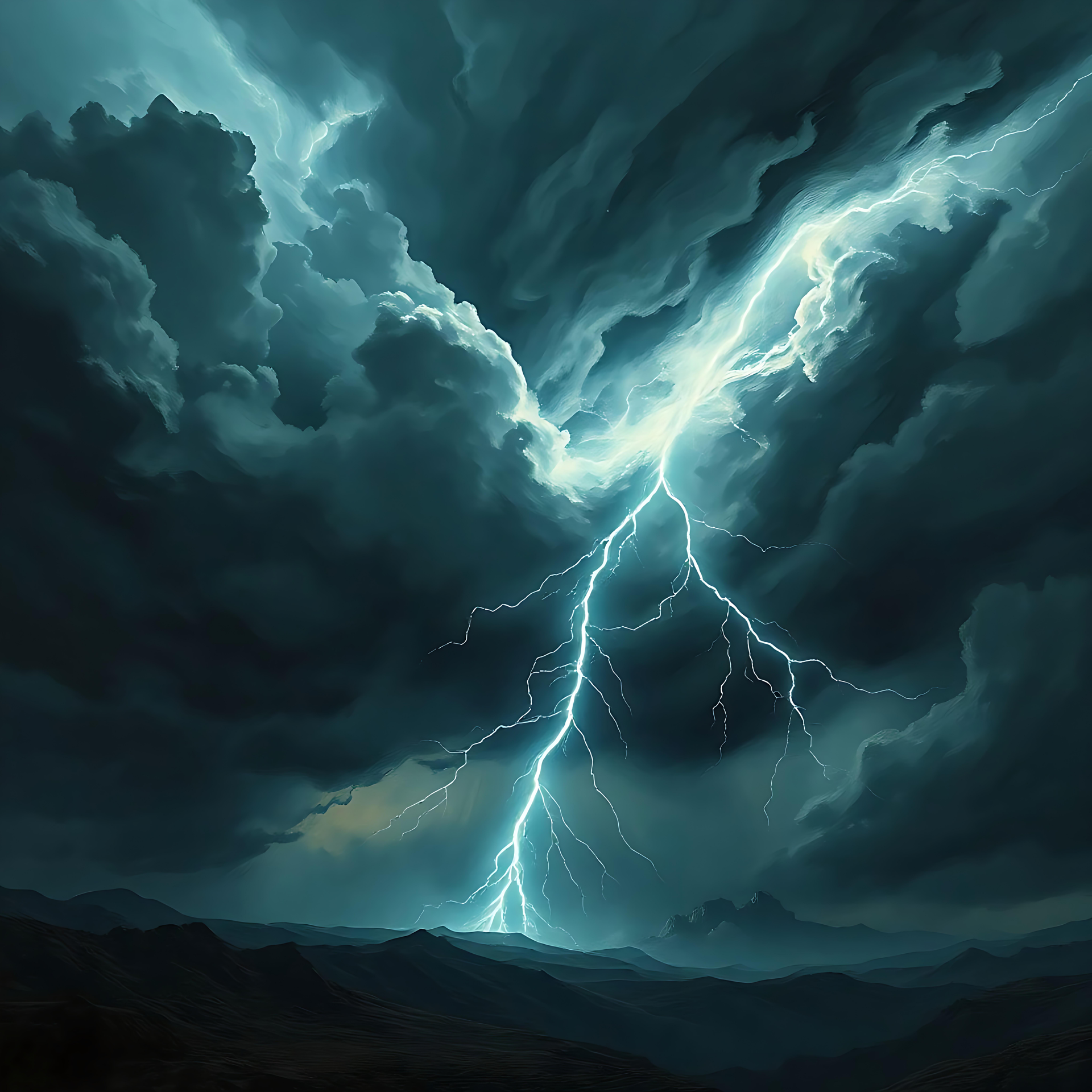 Un rayo dramático ilumina un cielo tormentoso Un dramático rayo atravesando nubes oscuras de tormenta sobre un paisaje montañoso.