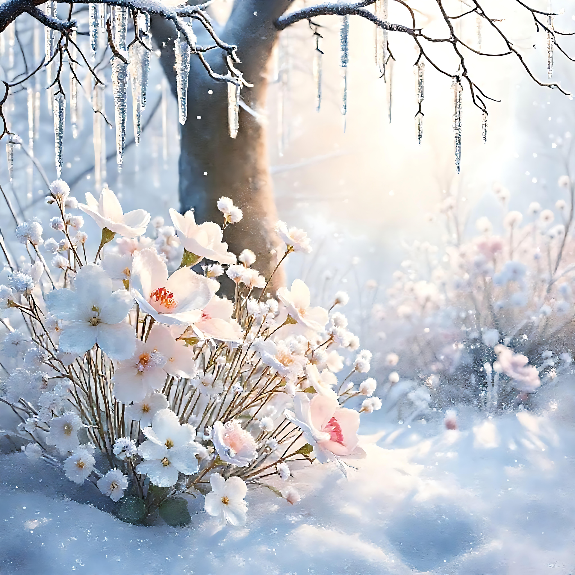 Incantevoli fiori invernali in un paesaggio sereno e innevato Una serena rappresentazione di fiori d'inverno che prosperano in mezzo alla neve con ghiaccioli e la luce del sole che getta un caldo bagliore.