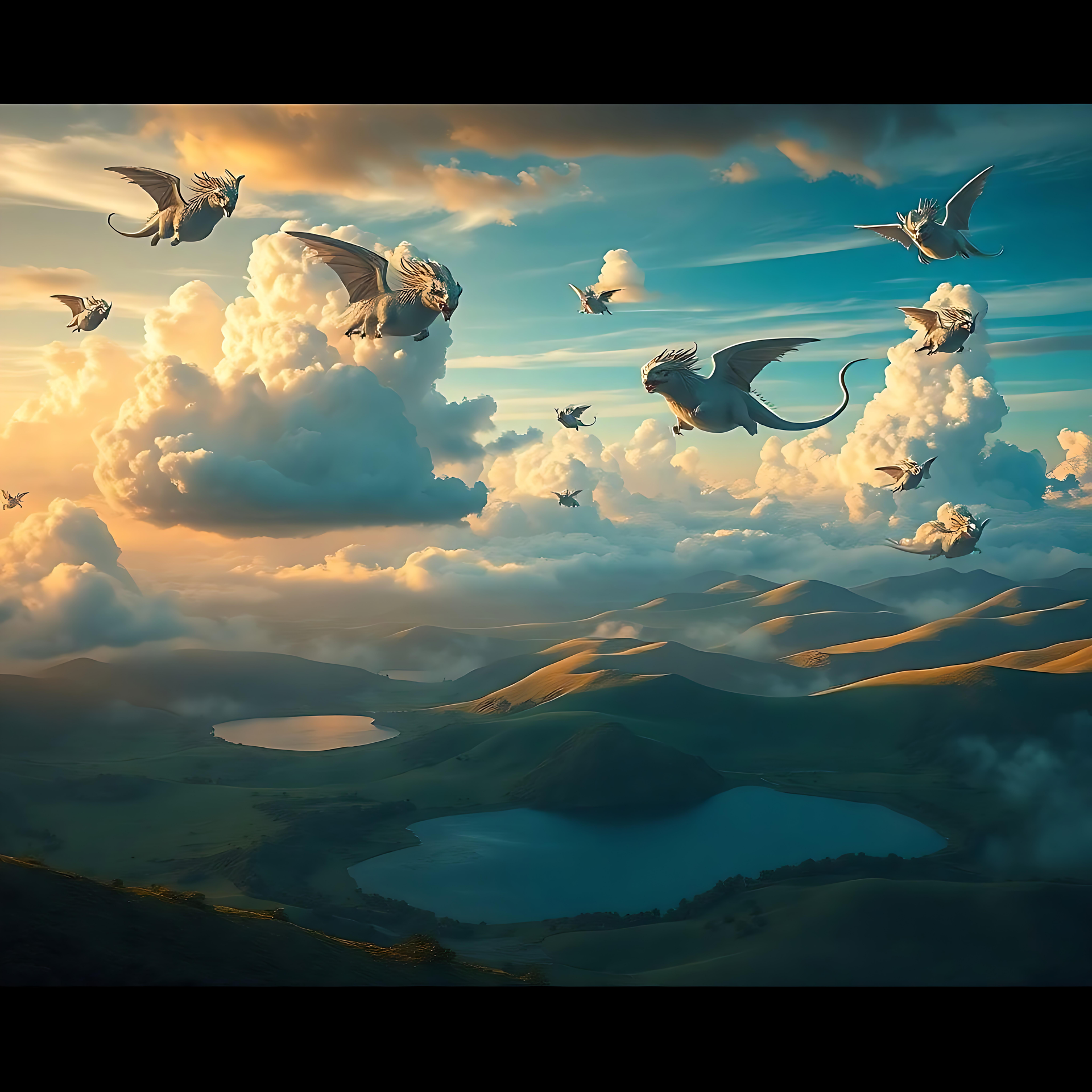 Drachen über einer mystischen Skyline: Eine Fantasieflucht Drachen fliegen über sanfte Hügel und ruhige Seen unter einem lebendigen Wolkenhimmel.